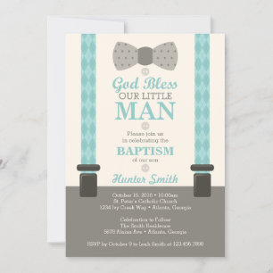Little Man Baptism Invitation, Teal, Ivory, Tan Invitation