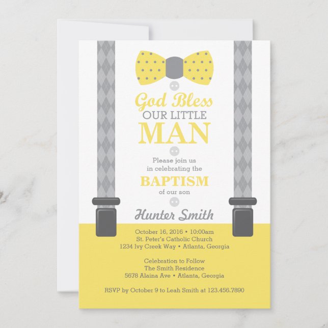 Little Man Baptism Invitation, Yellow, Grey Invitation (Front)