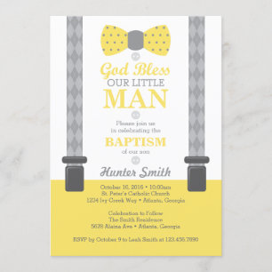 Little Man Baptism Invitation, Yellow, Grey Invitation