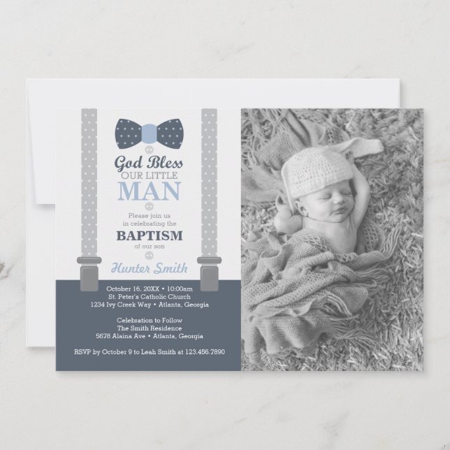 Little Man Baptism Photo Invitation, Blue, Grey Invitation (Front)