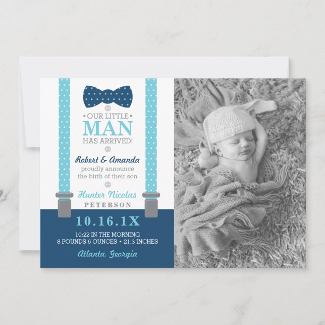 Little Man Birth Announcement, Blue, Grey Announcement (Front)