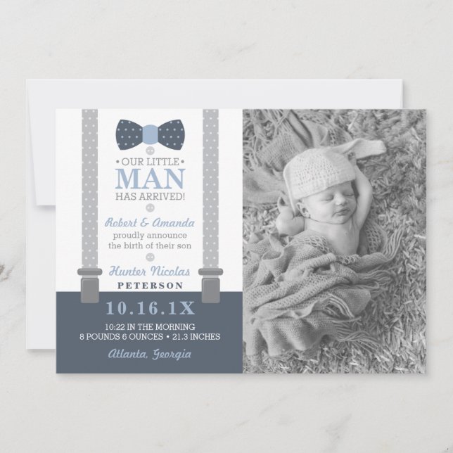 Little Man Birth Announcement, Blue, Grey Announcement (Front)