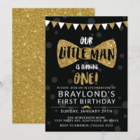 Little Man Birthday Invitation, Black & Gold