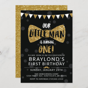 Little Man Birthday Invitation, Black & Gold Invitation