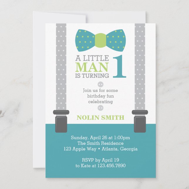 Little Man Birthday Party, Teal, Grey, Green Invitation (Front)