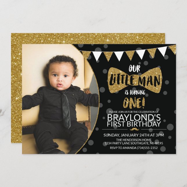 Little Man Black and Gold Photo Invitation (Front/Back)