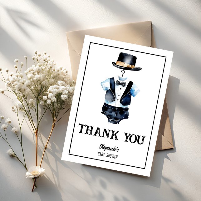 Little man black tuxedo hat baby shower   thank you card (Little man black tuxedo and hat gentleman baby shower thank you cards)
