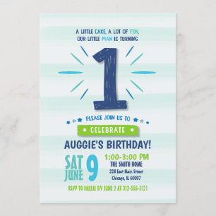Little Man Blue and Green 1st Birthday Invitation