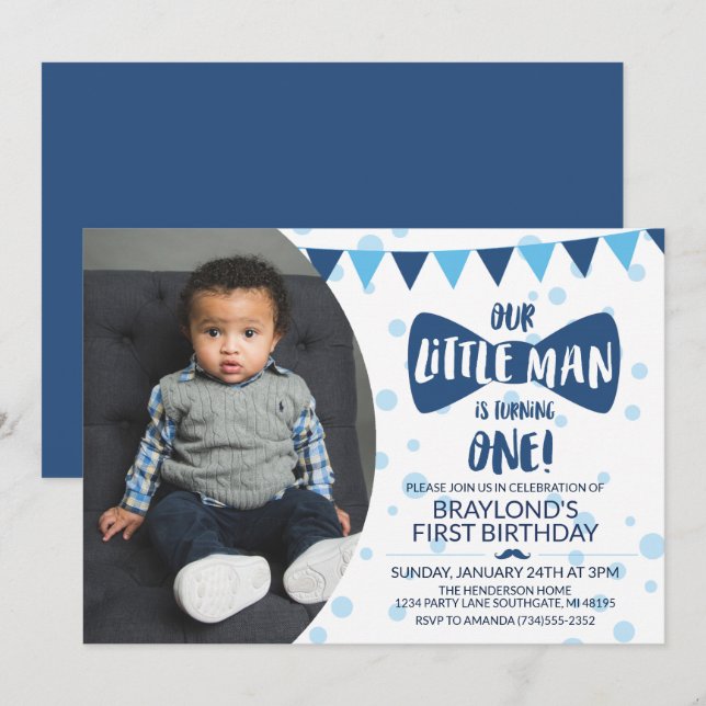 Little Man Blue Bow Tie Photo Invitation (Front/Back)