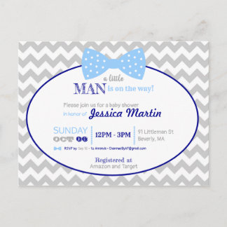Little Man Bow Navy Blue Gray Boy Baby Shower Postcard