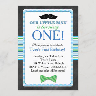 Little Man Bow Tie and Moustache Birthday (Blue) Invitation