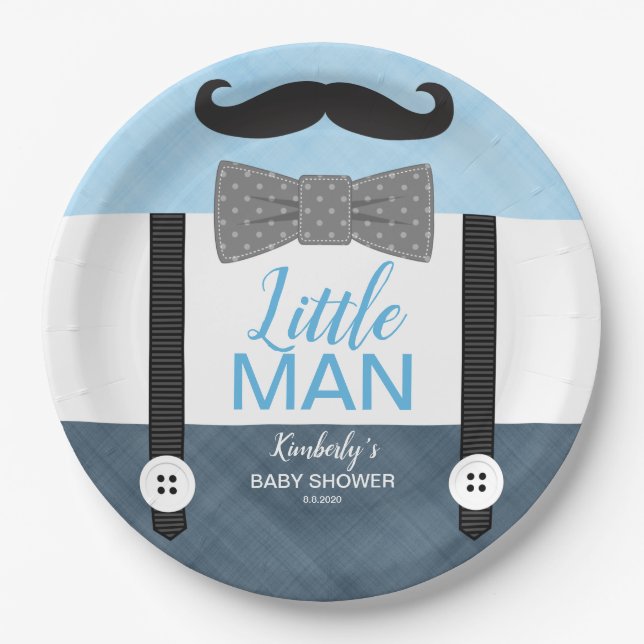 little man bow tie baby blue navy boy baby shower paper plate (Front)
