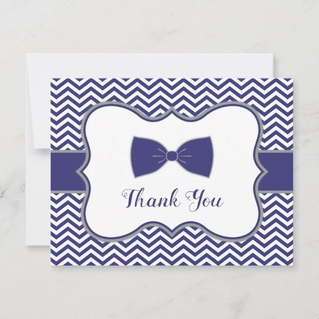 Little Man Bow Tie Navy Grey Baby Shower Thank You (Front)