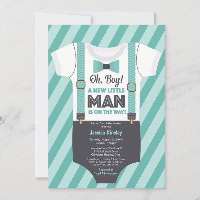Little Man Boy Baby Shower, Grey Teal Turquoise Invitation (Front)