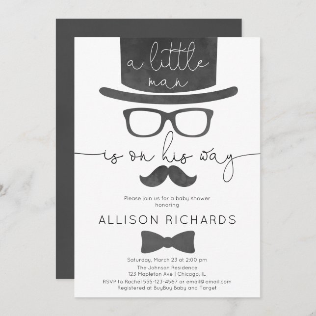 Little man boy baby shower invitation (Front/Back)