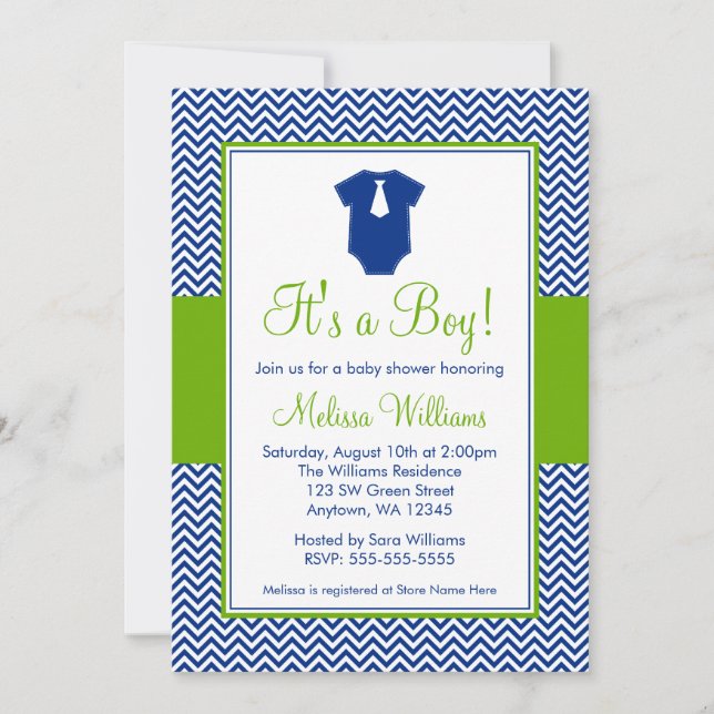 Little Man Chevron Blue Green Baby Shower Invitation (Front)