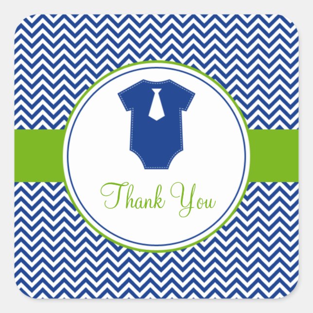 Little Man Chevron Blue Green Baby Shower Square Sticker (Front)