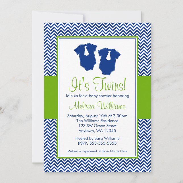 Little Man Chevron Blue Green Twins Baby Shower Invitation (Front)