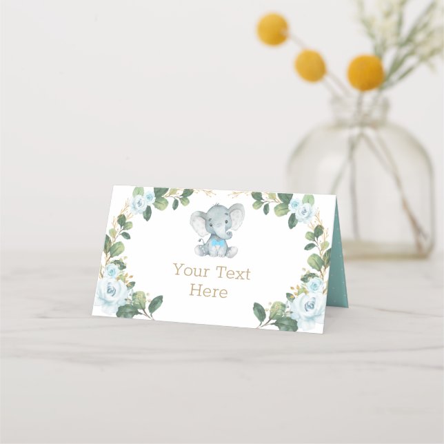 Little Man Elephant Blue Floral Greenery Gold Baby Place Card (Front)
