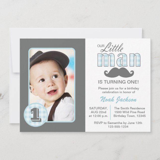 Little Man First Birthday Moustache Blue Grey Phot Invitation (Front)