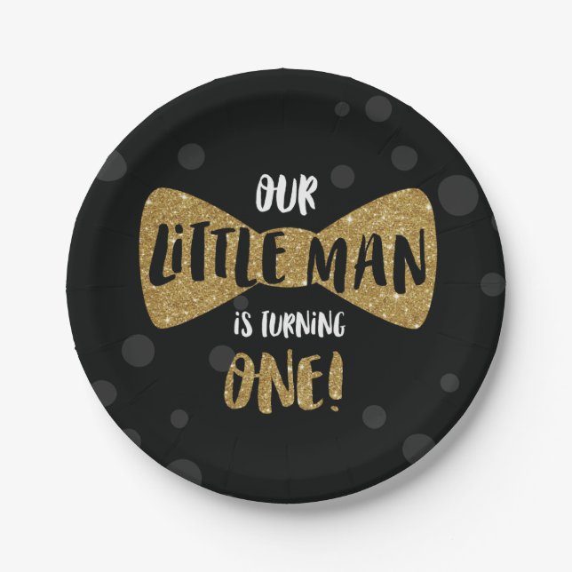 Little Man First Birthday Paper Plates, Gold Paper Plate (Front)