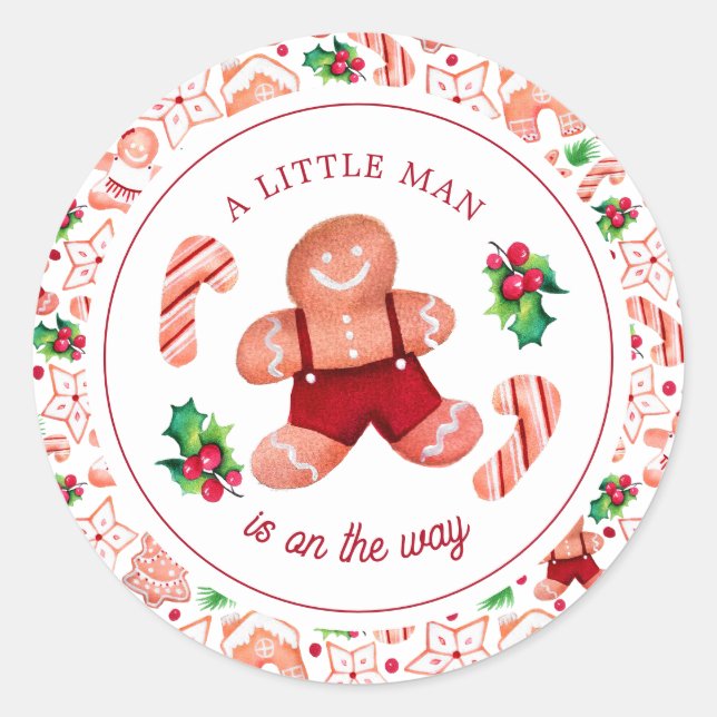 Little Man Gingerbread Christmas Baby Shower  Classic Round Sticker (Front)