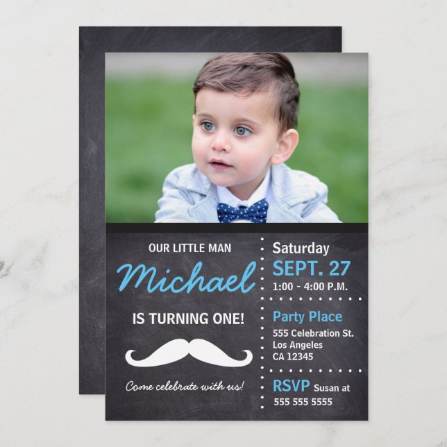 Little Man is turning 1 | Birthday Moustache theme Invitation (Front/Back)