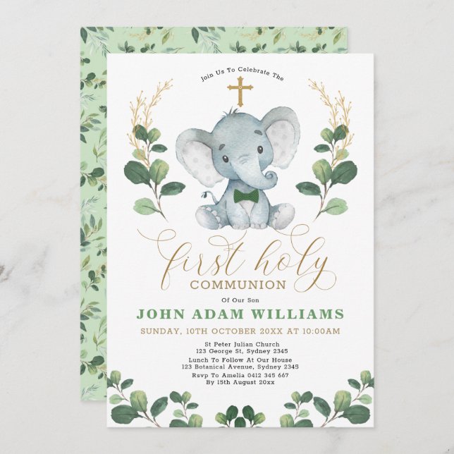 Little Man Jungle Elephant First Holy Communion Invitation (Front/Back)