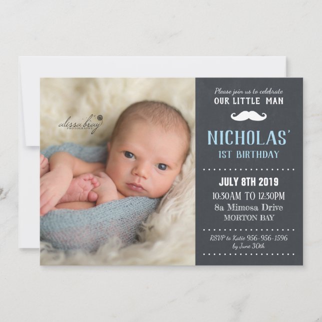Little Man Moustache 1st Birthday Boy Chalkboard Invitation (Front)