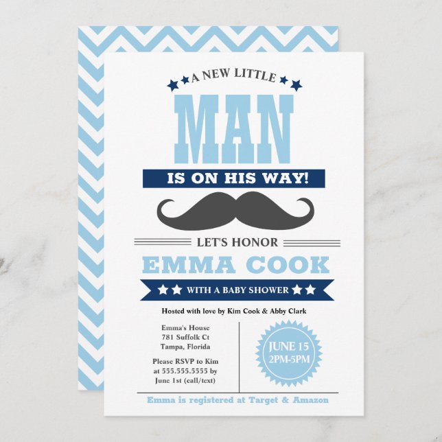 Little Man Moustache Bash Boy Baby Shower Invitation (Front/Back)
