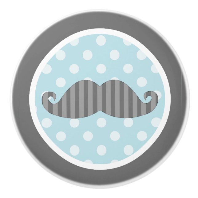 Little Man Moustache Blue and Grey Ceramic Knob (Front)