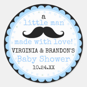 Little Man Moustache Blue Baby Shower Guest Favour Classic Round Sticker