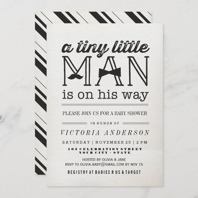 Little Man Moustache Bow Tie Boy Baby Shower Invit Invitation (Front/Back)
