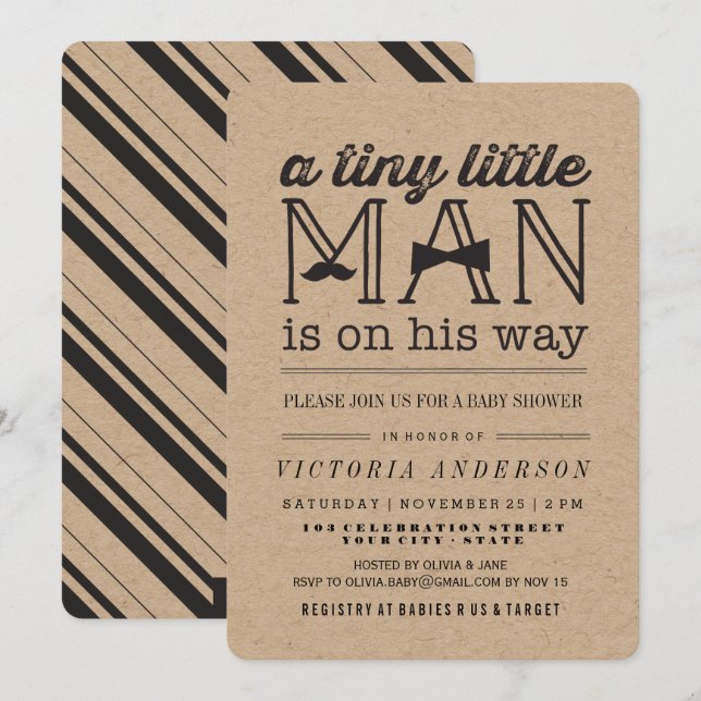 Little Man Moustache Bow Tie Kraft Boy Baby Shower Invitation (Front/Back)