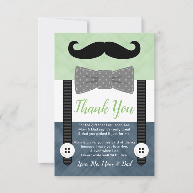 little man moustache boy green navy baby shower thank you card (Front)