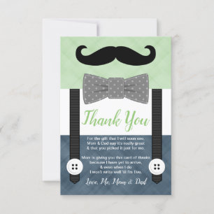 little man moustache boy green navy baby shower thank you card