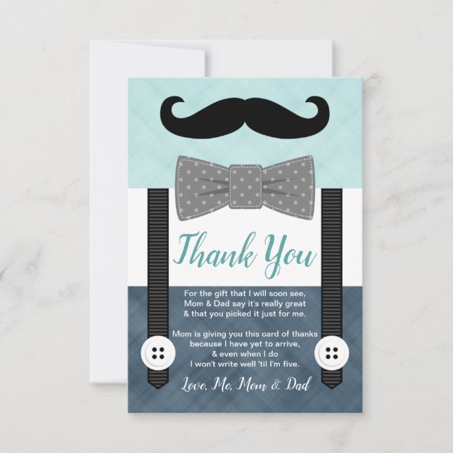 little man moustache boy mint navy blue baby showe thank you card (Front)