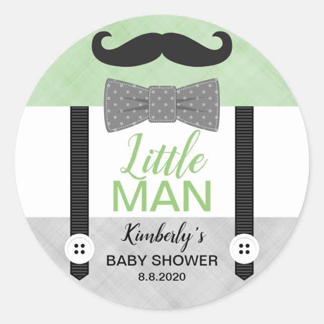 Little man moustache green grey boy baby shower classic round sticker (Front)