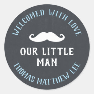 Little Man Moustache New Baby Announcement Favour Classic Round Sticker