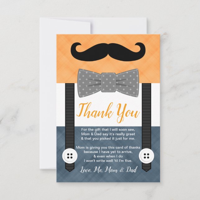 little man moustache orange navy boy baby shower thank you card (Front)