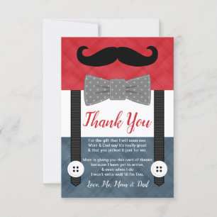 little man moustache red navy boy baby shower thank you card