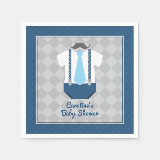 Little Man Moustache Tie Suspenders Baby Shower Napkin (Front)