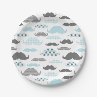 Little Man Moustaches Pattern Blue Paper Plate