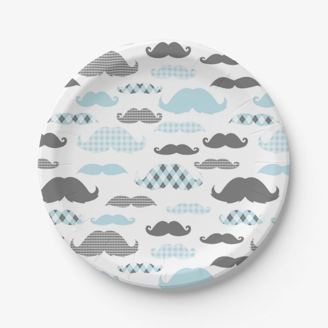 Little Man Moustaches Pattern Blue Paper Plate (Front)