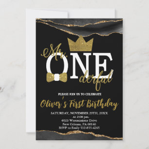 Little Man, Mr One-derful Birthday, Black & Gold Invitation