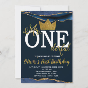 Little Man, Mr One-derful Birthday, Navy & Gold Invitation