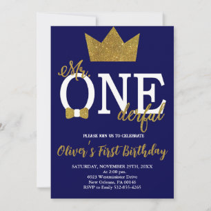 Little Man, Mr One-derful Birthday, Navy & Gold Invitation