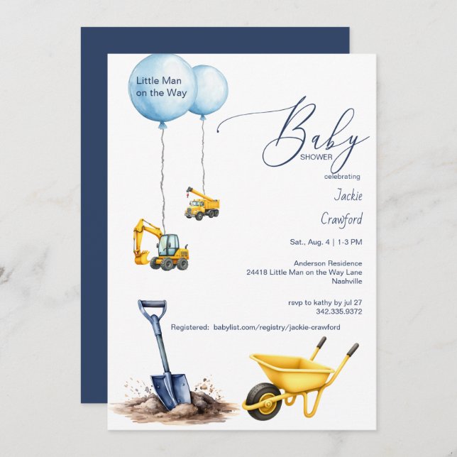 Little Man on the Way Construction Baby Shower Invitation (Front/Back)
