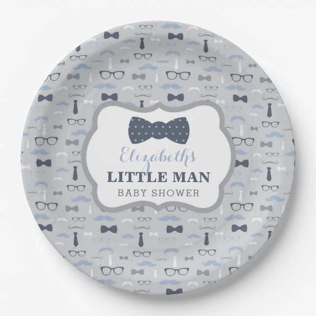 Little Man Paper Plate, Navy, Grey Paper Plate (Front)