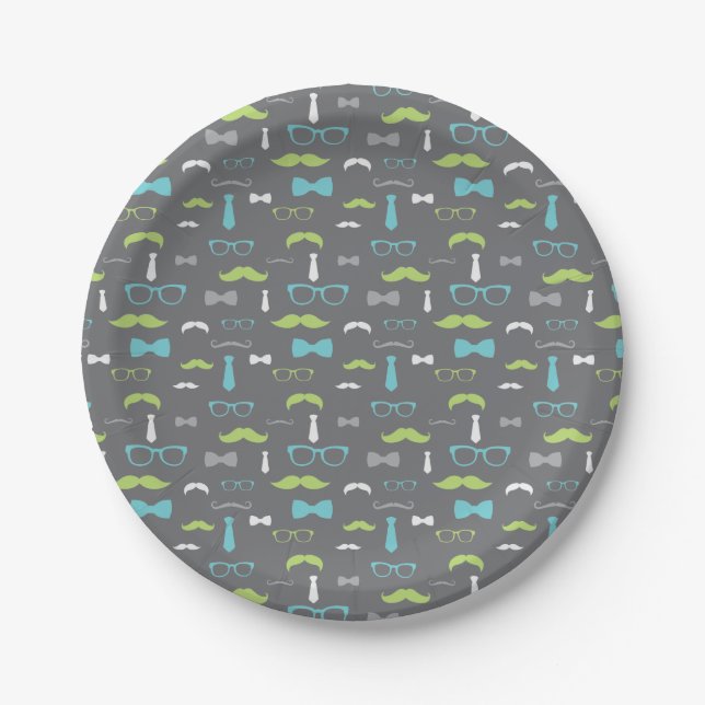 Little Man Paper Plate, Teal, Lime, Grey Plate (Front)